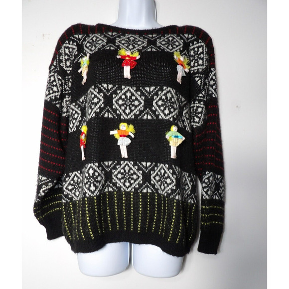 Western Connection Sweater Medium Dolls 3D 80s Knit Art to Wear Funky Weird - Picture 1 of 14